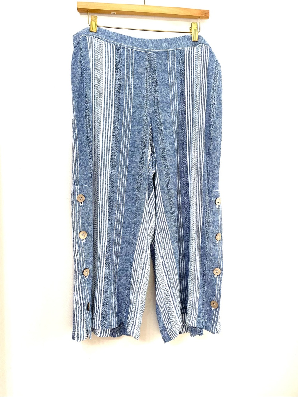 J. Jill Linen Blend Striped Lagenlook Button Wide Leg Cropped Pants L VACATION